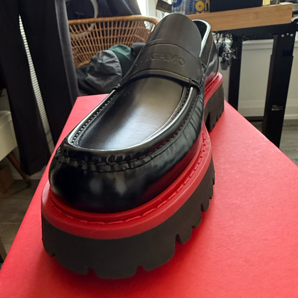 NEW!!!Salvatore Ferragamo Black and Red Loafers with Platform Sole